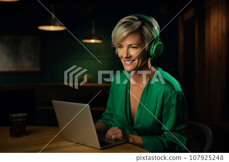 Woman with ash hair in studio recording a blog, woman 40-50 years old in headphones in front of microphone, recording podcasts, blogging Woman with ash hair in studio recording a blog, woman 40-50 years old in headphones in front of microphone, recording podcasts, blogging 107925248
