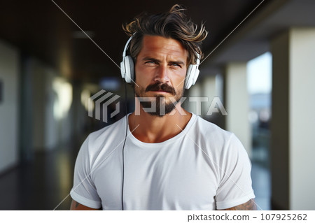 A mature man in a casual white T-shirt and sunglasses listens to music on headphones while walking down the street. Enjoying life A mature man in a casual white T-shirt and sunglasses listens to music on headphones while walking down the street. Enjoying life 107925262