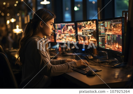 side view photo of lady programmer looking at big monitor, checking id address, working overtime, checking, debugging system, wearing specs, casual shirt, sitting at desk, late at night, office side view photo of lady programmer looking at big monitor, checking id address, working overtime, checking, debugging system, wearing specs, casual shirt, sitting at desk, late at night, office 107925264