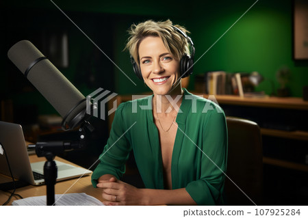 Woman with ash hair in studio recording a blog, woman 40-50 years old in headphones in front of microphone, recording podcasts, blogging 107925284