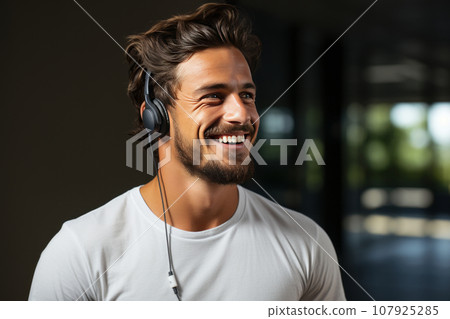 A mature man in a casual white T-shirt and sunglasses listens to music on headphones while walking down the street. Enjoying life 107925285