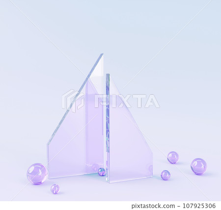 3d render abstract geometric purple background with glass triangle plates and water bubbles. Crystal transparent frame wall with liquid balls, empty stage for cosmetic product display. 3D illustration 107925306