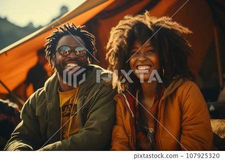 African-American couple in the mountains against the backdrop of a tent camp, an international couple is engaged in a mountain hike, tourism and vacation concept African-American couple in the mountains against the backdrop of a tent camp, an international couple is engaged in a mountain hike, tourism and vacation concept 107925320
