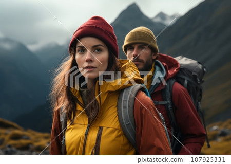 Group of young people climb the mountains along a mountain path. Group of young people climb the mountains along a mountain path. 107925331