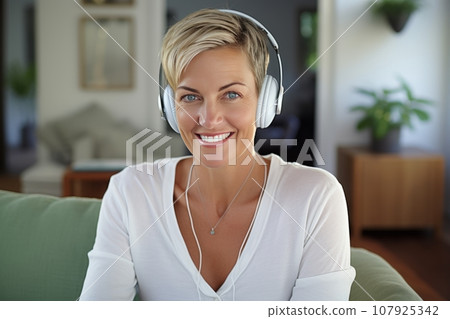 Middle-aged blonde woman headphones tablet at country house. A European woman of 40-50 years old listens to music and scrolls through the Internet in the silence of her country house. Middle-aged blonde woman headphones tablet at country house. A European woman of 40-50 years old listens to music and scrolls through the Internet in the silence of her country house. 107925342
