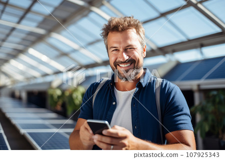 A man with a smartphone against the background of installing solar panels. a man runs a business installing solar panels, alternative energy A man with a smartphone against the background of installing solar panels. a man runs a business installing solar panels, alternative energy 107925343