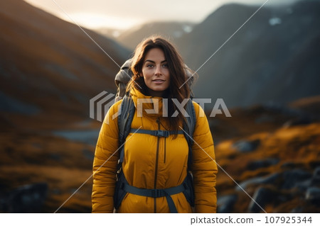 A beautiful girl in a yellow jacket with a backpack walks in the mountains. A girl in a yellow jacket travels in the mountains. travel concept 107925344