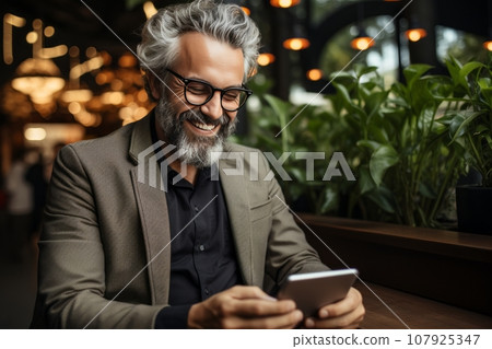 Positive businessman using laptop computer in office. Happy middle aged man, entrepreneur, small business owner working online. Positive businessman using laptop computer in office. Happy middle aged man, entrepreneur, small business owner working online. 107925347