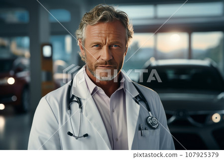 portrait of a male doctor against the background of a hospital. a 45-55 year old doctor in a robe looks into the camera. portrait of a male doctor against the background of a hospital. a 45-55 year old doctor in a robe looks into the camera. 107925379