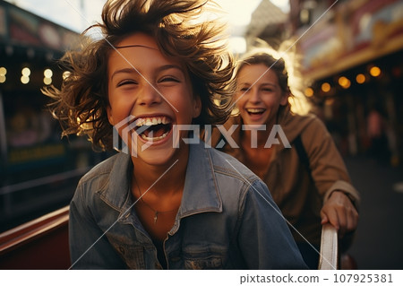 Mom and child on amusement rides, having fun, enjoying the time spent. Recreation and entertainment Mom and child on amusement rides, having fun, enjoying the time spent. Recreation and entertainment 107925381