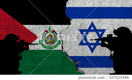 Israel against Hamas, the conflict between Palestinians and Israelis. The flags of the two countries on the background of a concrete wall 107925496