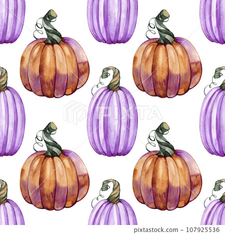 Halloween watercolor seamless pattern, autumn holiday, orange and violet pumpkins, hand drawing design, fall wrapping paper, happy halloween textile design 107925536