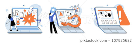Malware spyware virus. Vector illustration. Online safety relies on robust security systems and user awareness Fraudulent activities require strong security measures and vigilant monitoring Warnings Malware spyware virus. Vector illustration. Online safety relies on robust security systems and user awareness Fraudulent activities require strong security measures and vigilant monitoring Warnings 107925682