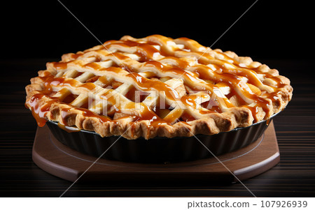 Homemade autumn apple pie on a wooden tray. Homemade autumn apple pie on a wooden tray. 107926939