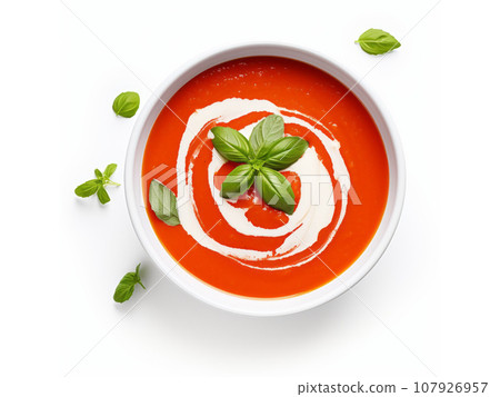 Tomato soup puree in a bowl with cream and fresh basil leaves, isolated on white background. Top view 107926957