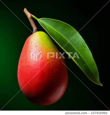 Whole mango with leaf isolated on a dark background. Fresh mango tropical fruit. Whole mango with leaf isolated on a dark background. Fresh mango tropical fruit. 107926960