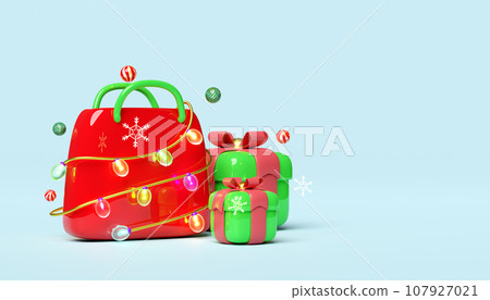 3d shopping paper bags with glass transparent lamp garlands, decorative ball, snowflake. merry christmas and happy new year, 3d render 107927021