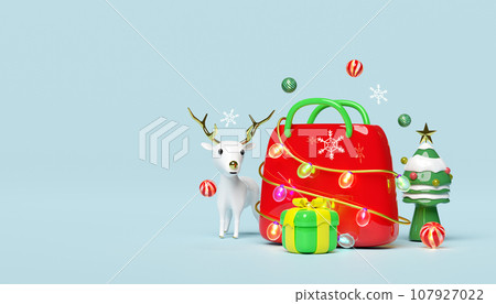 3d shopping paper bags with glass transparent lamp garlands, reindeer, decorative ball, snowflake, christmas tree, gift box. merry christmas and happy new year, 3d render 107927022