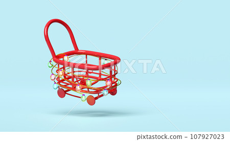 3d shopping carts empty with glass transparent lamp garlands. online shopping sale, merry christmas and happy new year, 3d render illustration 107927023