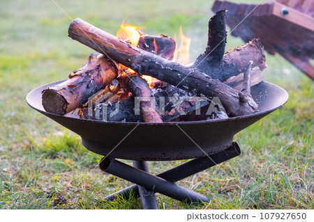 Metal fire bowl with burning wood in the yard and garden rack deck chairs. Safe decorative fire pit, Picnic area in the garden 107927650