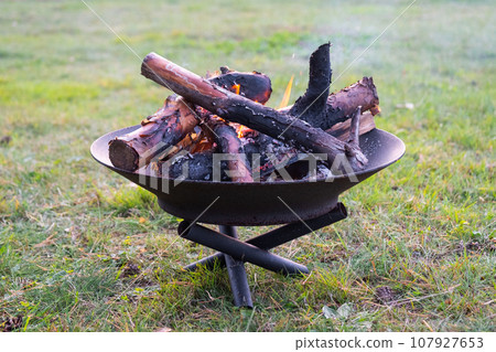 Metal fire bowl with burning wood in the yard. Safe decorative fire pit 107927653
