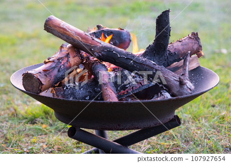 Metal fire bowl with burning wood in the yard. Safe decorative fire pit Metal fire bowl with burning wood in the yard. Safe decorative fire pit 107927654
