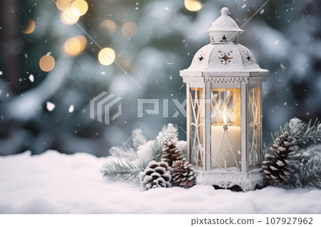 White lantern with candle and decorations on snow, Christmas or New year card with copy space 107927962