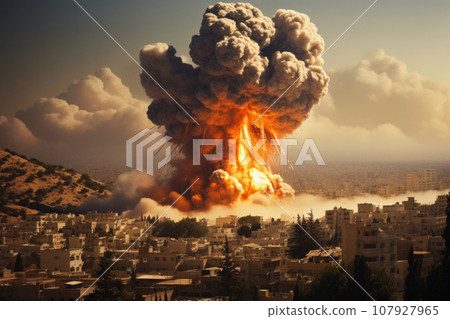 Airstrike on the city, burning houses Airstrike on the city, burning houses 107927965