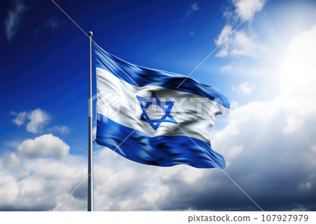 Israeli flag with a star of David cloudy sky background 107927979