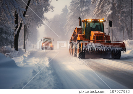 Snow plow truck clearing road after winter snowstorm or blizzard 107927983