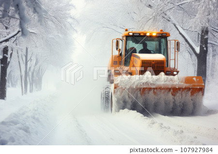 Snow plow truck clearing road after winter snowstorm or blizzard 107927984