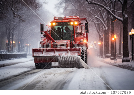 Snow plow truck clearing road after winter snowstorm or blizzard Snow plow truck clearing road after winter snowstorm or blizzard 107927989