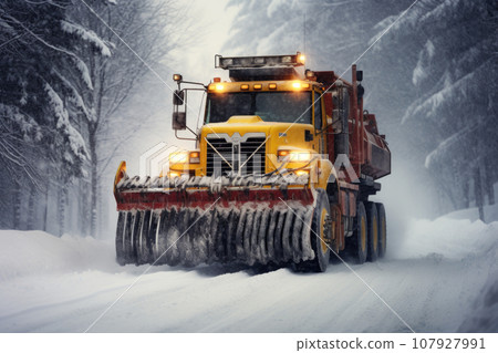 Snow plow truck clearing road after winter snowstorm or blizzard Snow plow truck clearing road after winter snowstorm or blizzard 107927991