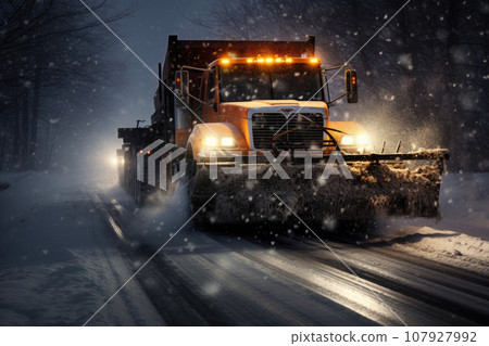 Snow plow truck clearing road after winter snowstorm or blizzard 107927992