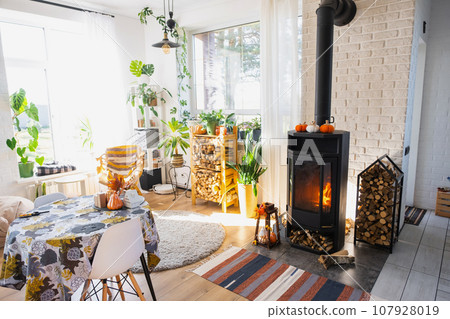 Bright sunny interior of the house with Black Metal Steel fireplace stove with fire and firewood with halloween decor and autumn mood. Cozy home hearth in interior with indoor potted plant Bright sunny interior of the house with Black Metal Steel fireplace stove with fire and firewood with halloween decor and autumn mood. Cozy home hearth in interior with indoor potted plant 107928019