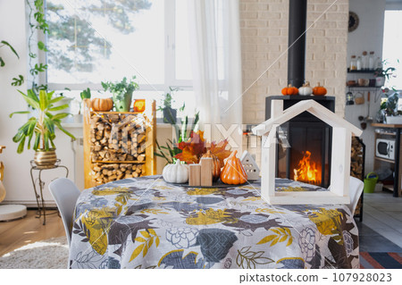Bright sunny interior of the house with Black Metal Steel fireplace stove with fire and firewood with halloween decor and autumn mood. Cozy home hearth in interior with indoor potted plant 107928023