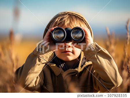 AI illustration, boy looking through binoculars AI illustration, boy looking through binoculars 107928335