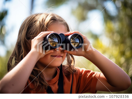 AI illustration, girl looking through binoculars AI illustration, girl looking through binoculars 107928336