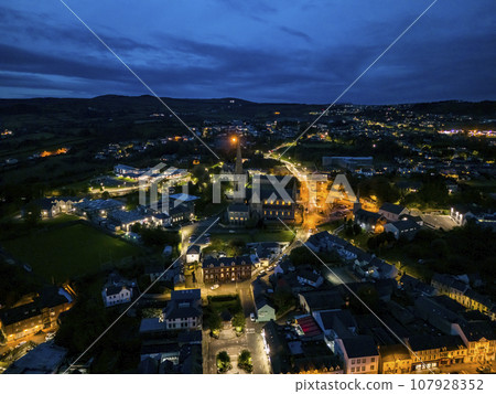 Aerial night view of St Eunans Cathedral in Letterkenny, County Donegal, Ireland 107928352