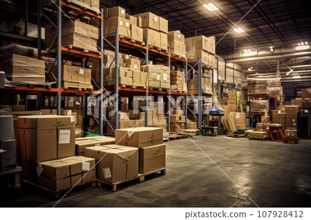 Interior of a warehouse storage with pallet truck near shelves. Generative AI 107928412