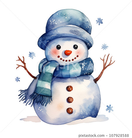 Cute snowman watercolor illustration white background AI image 107928588
