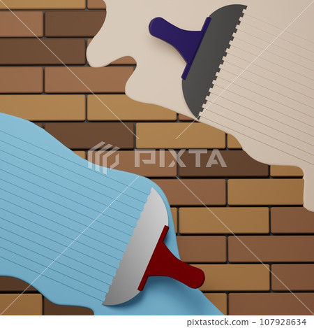 NOT AI 3D rendering of wide metal spatulas add volume to putty. Surface puttying and leveling. Realistic illustration NOT AI 3D rendering of wide metal spatulas add volume to putty. Surface puttying and leveling. Realistic illustration 107928634