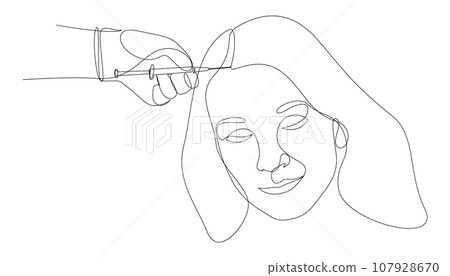 Continuous one line drawing of platelet rich plasma injection procedure for women. Female alopecia treatment concept minimal design. Hair growth stimulation drawn by single line. Vector illustration. 107928670