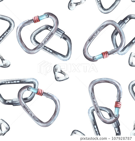 Metal sport grey climbing carabiner seamless pattern. Isolated on a white background Hand drawn illustration Boulder equipments Repeating design for wrapping paper, wallpaper, textiles packaging print Metal sport grey climbing carabiner seamless pattern. Isolated on a white background Hand drawn illustration Boulder equipments Repeating design for wrapping paper, wallpaper, textiles packaging print 107928787