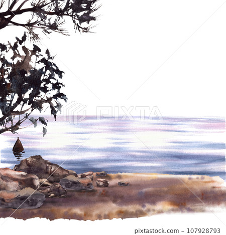 Watercolor landscape. Seascape with ocean, trees, sea buoy and sandy beach with stones. Hand drawn isolated illustration on white background for your postcards, printing, poster, wallpaper, banner 107928793
