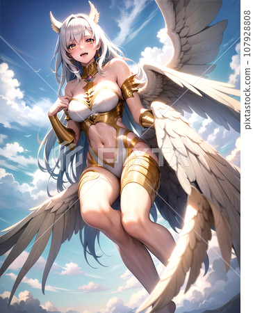 Card game style fantasy illustration female bird person AI generated 107928808
