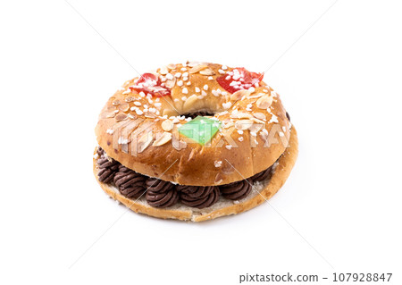 Individual Epiphany cake roscon de reyes isolated on white background 107928847
