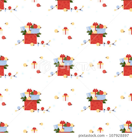 Christmas seamless pattern. New Year gifts, balls and festive garland on white background. Vector illustration. 107928897