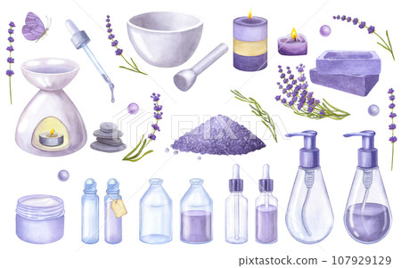 Banner set violet lavender flowers, essential oil, cosmetics bottles, soap, candle. Hand drawn watercolor illustration isolated on white background. For cosmetics packaging, beauty magazines, logo Banner set violet lavender flowers, essential oil, cosmetics bottles, soap, candle. Hand drawn watercolor illustration isolated on white background. For cosmetics packaging, beauty magazines, logo 107929129