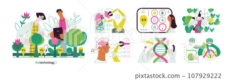 Bio Technology -modern flat vector concept illustration of improving aspects of healthcare, agriculture, environmental sustainability, industrial processes. Metaphor of bridging Science and Nature Bio Technology -modern flat vector concept illustration of improving aspects of healthcare, agriculture, environmental sustainability, industrial processes. Metaphor of bridging Science and Nature 107929222